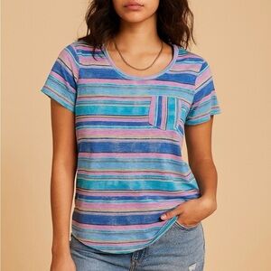 a.n.a Multicolor Striped Short Sleeve Tee with Pocket Small Petite